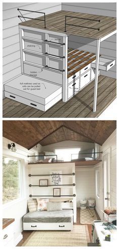 Girls Beds, Apartemen Studio, Mini Room, Small Kids Room, House Storage, Tiny House Storage, Drawers And Shelves, Trendy Apartment, Tiny House Loft