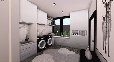 Random Bloxburg Rooms, Bloxburg Master Room Ideas Modern, Modern Laundry Rooms Bloxburg, Blockburg Room Ideas Modern, Bloxburg Morden Bedroom, Modern Laundry Room Ideas Bloxburg, Bloxburg Interior Ideas Kitchen Modern, Modern Bloxburg Laundry Room, Modern Bloxburg House Color Schemes