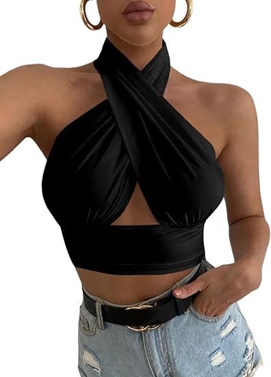 Rooscier Women's Sexy Crisscross Halter Cutout Sleeveless Backless Cami Crop Top Black Large at Amazon Women’s Clothing store Criss Cross Halter Top, Halter Neck Crop Top, Womens Halter Tops, Wrap Crop Tops, Top Halter, Backless Top, Halter Tops, Cropped Tops, Cami Crop Top