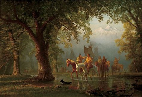 Albert Bierstadt, Departure of an Indian War Party. Oil on board, 17 1/4 x 24 1/4 inches. Indian Artist Paintings, Albert Bierstadt Paintings, Native American Flute Music, American Indian History, Native American Flute, Hudson River School, Albert Bierstadt, Indian Artist, Oil Painting Reproductions