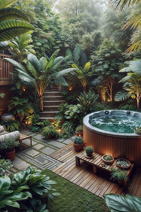 Tropical Hot Tub Ideas, Nature Spa Design, Hot Climate Landscaping, Hot Tub In Garden, Tropical Oasis Backyard, Backyard Oasis Landscaping, Tropical Hot Tub, Hot Tub Garden Ideas, Outdoor Spa Ideas