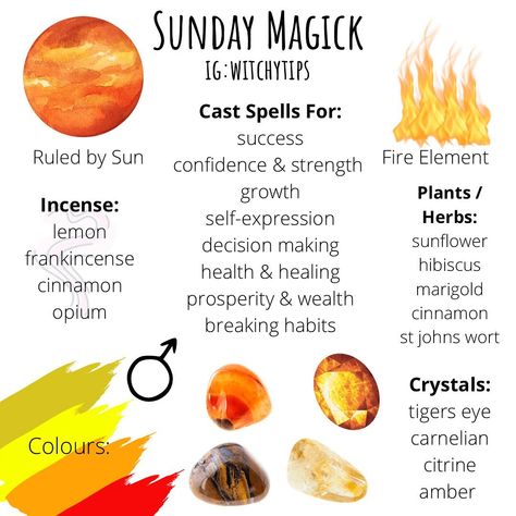 Tips for Witches Everywhere! ✨’s Instagram photo: “Sunday Sunday ☀️ Almost done the days of the week magick! See previous posts for other days. ✨” Sunday Magick, Witchcraft Spells For Beginners, Color Of The Week, Spells For Beginners, Witch Rituals, Crystals For Manifestation, Magic Day, Witch Spirituality, Grimoire Book