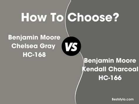 Benjamin Moore Kendall Charcoal vs Chelsea Gray: What’s the Difference? Kendall Charcoal Benjamin Moore Bathroom, Chelsea Gray Benjamin Moore Cabinets, Benjamin Moore Dark Gray Paint Colors, Bm Chelsea Gray Exterior, Kendall Charcoal Fireplace, Chelsea Grey Benjamin Moore, Kendall Charcoal Benjamin Moore Exterior, Benjamin Moore Dark Gray, Chelsea Gray Benjamin Moore