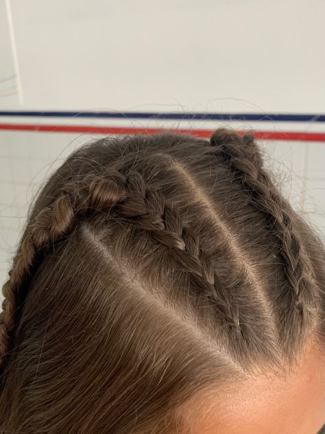 Two Braids Hairstyle On Top Of Head, Dutch Braids On Top Of Head, Tiny Dutch Braids, Hair Styles With Plaits, Two Small Dutch Braids On Top Of Head, 2 Braids Down The Middle, 2 Braids Straight Hair, Mini French Braids On Top, Small Dutch Braids On Top Of Head