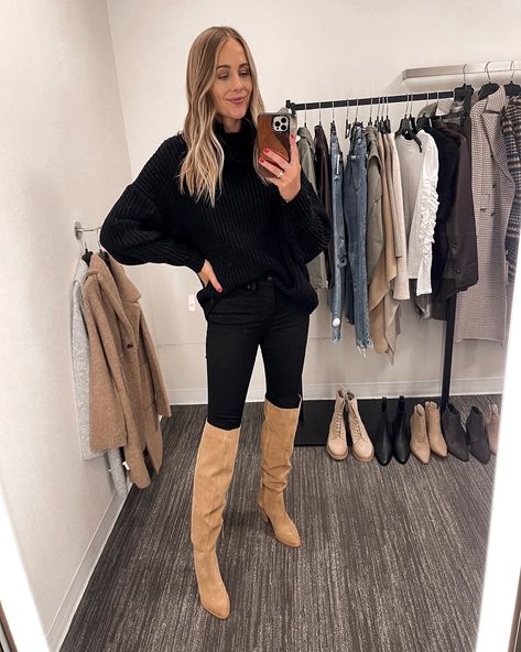 Tan Tall Boots Outfit, Tan Knee High Boots Outfit, Tan Boots Outfit, Blush Leather Jacket, Tall Tan Boots, Suede Boots Outfit, Tall Boots Outfit, Tan Knee High Boots, Tan Suede Boots