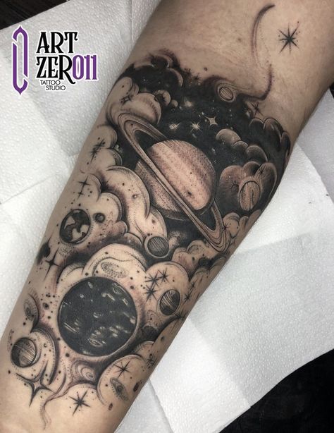 Aerospace Tattoo Ideas, Space Tattoo Sleeve Black And White, Outer Space Half Sleeve Tattoo, Galaxy Filler Tattoo, Space Arm Tattoos For Women, Space Arm Sleeve Tattoo, Tattoo Space Filler Ideas Sleeve, Galaxy Half Sleeve Tattoo, Tattoos To Fill In Space