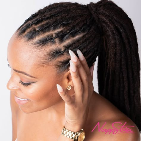 Dreads With Extensions Black Women, Dread Locks Styles For Ladies, Dreads Styles For Women Ponytail, Dreadlocks Ponytail Hairstyles, Temporary Locs Styles, Temporary Locs Extensions, Loc Ponytail Styles Dreadlocks, Loc Extensions Styles, Empress Locs