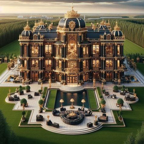 Black and Gold Royal palace with Garden Lawn Royal Palace Exterior, Black Palace, Mansions Interior, Houses Mansions, Luxury Mansions Interior, Luxury Mansions, Mansion Exterior, Homemade Cookbook, Luxury Houses Mansions