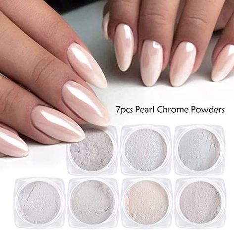 Pearl Chrome Nail, Mirror Nails Powder, Bieber Nails, Pearl Chrome, White Chrome Nails, Pearl Nail Art, Nail Glitter Powder, Aurora Nails, Chrome Nail Powder