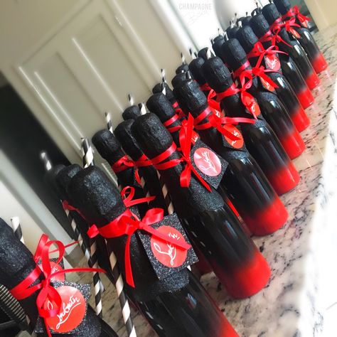 Red And Black 50th Birthday Decorations, Red Bottom Party Theme, Black And Red Bridal Shower Ideas, Black And Red Party Theme For Men, Red And Black Sweet 16 Party Ideas, Red And Black Party Ideas, Black And Red Party Theme, Champagne Party Favors, Red Party Themes