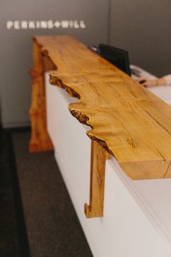 natural edge reception desk | Skylar Morgan Furniture + Design Wooden Reception Desk Design, Live Edge Wood Reception Desk, Live Edge Checkout Counter, Reclaimed Wood Reception Desk, Natural Reception Desk, Live Edge Reception Desk, Acupuncture Office Design, Wooden Reception Counter, Modern Reception Area