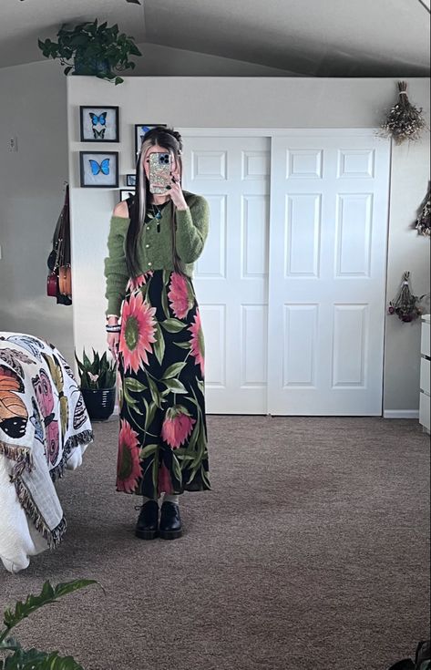 Floral Dress And Doc Martens, 90s Floral Dress Outfits, Green Flower Cardigan Outfit, Doc. Artens With Cute Ruffled Floral Socks, Dress Cardigan Outfit, 90s Floral Dress Vintage, 90s Floral Dress Grunge, Doctor Dress, Soft Grunge Outfits