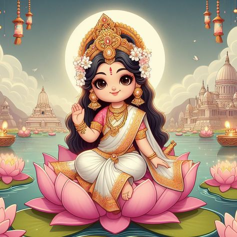 Diwali Drawing Lakshmi, Animated Hindu Gods, Lord Devi Images, Baby Laxmi Goddess, Ganesh Laxmi Painting, Lakshmi Devi Sketch, Cute Diwali Drawing, Laxmi Mata Sketch, Lord Saraswati Drawing