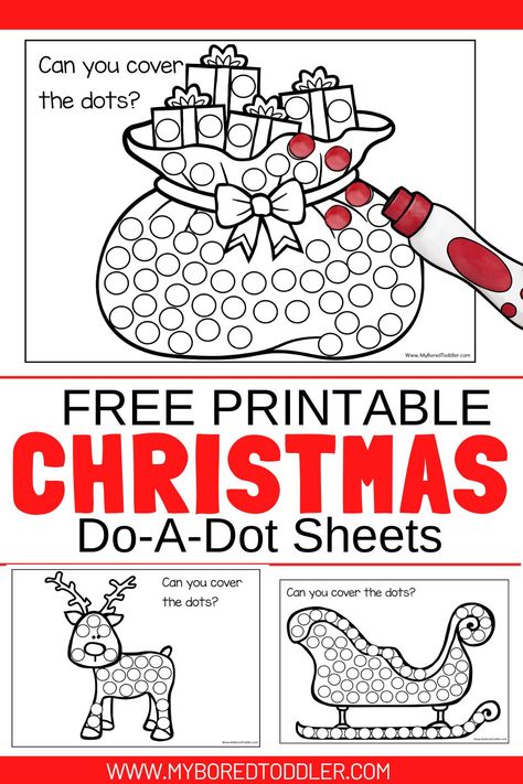 free printable Christmas Do a Dot Sheets for toddlers preschool - reindeer, christmas tree, santa sack, bauble, sleigh Toddler Christmas Games, Toddler Christmas Activities, Fine Motor Christmas, Preschool Christmas Worksheets, Christmas Pictures Free, Kindergarten Christmas Activities, Christmas Sensory, Christmas Activities For Toddlers, Christmas Sheets