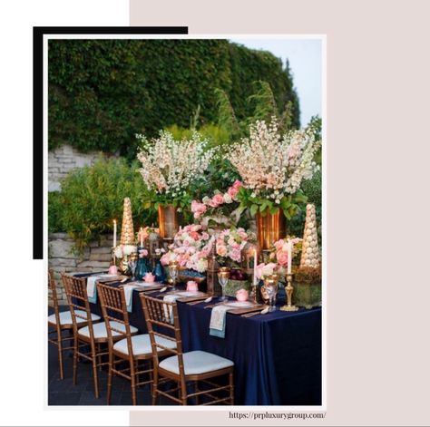 Beautiful navy blue, pink and gold wedding reception ideas to inspire you. #luxurywedding #romanticwedding #2021bridetobe #BrideToBe #MisstoMrs #IDo and #HePutaRingOnIt #navybluewedding #candles #weddingdecoration #pinkwedding #outdoorwedding Navy Blue And Gold Wedding, Gardens Of Babylon, Diy Wedding Table, Table Centerpiece Decorations, Royal Blue Wedding, Wedding Event Design, Coral Wedding, Venue Decor, Navy Blue Wedding