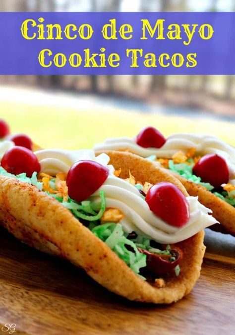 Taco Cookies for Cinco de Mayo | Scrappy Geek Desserts For Cinco De Mayo, Cookie Tacos, Easy Mexican Desserts, Taco Cookies, Traditional Mexican Desserts, Dessert Taco, No Bake Sugar Cookies, Mexican Desserts, Spicy Tacos