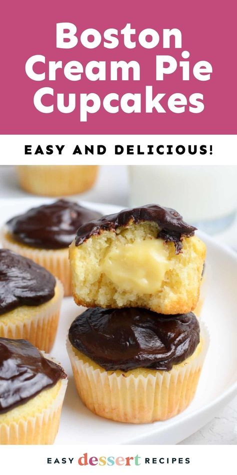 Make these Boston Cream Pie Cupcakes for a delicious treat! Soft vanilla cupcakes filled with sweet pastry cream and topped with chocolate ganache frosting, perfect for any occasion. Pop over to my site for this easy dessert recipe! Easy Desserts For A Crowd Cheap, Fall Desserts Thanksgiving, Cream Pie Cupcakes, Boston Cream Pie Cupcakes, Cupcakes Easy, Cupcakes Filled, Chocolate Ganache Frosting, Pie Cupcakes, Mini Cheesecake Recipes