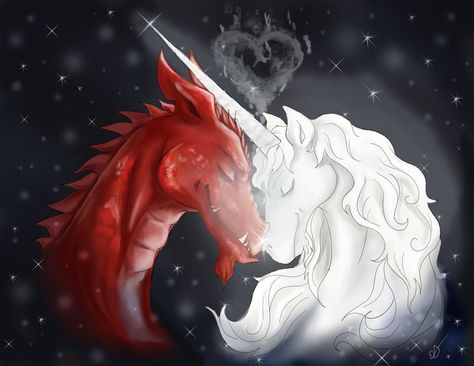 ArtStation - The Dragon and the Unicorn Love Story, Emily Day Dragon And Unicorn Drawing, Unicorn X Dragon, Unicorns Aesthetic, Winter Creatures, Dragon And Unicorn, Unicorn And Dragon, Red Unicorn, Unicorn Dragon, Unicorn Drawing