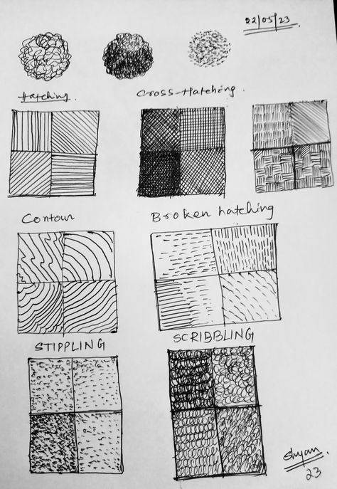 Pen and ink drawing techniques Ink Shading Techniques, Different Types Of Hatching, Hatching Tutorial Drawing, Pen Hatching Drawing, Hatching Techniques Sketch, How To Do Cross Hatching, Contour Hatching Drawing, Cross Hatching Techniques, Cross Hatching Practice