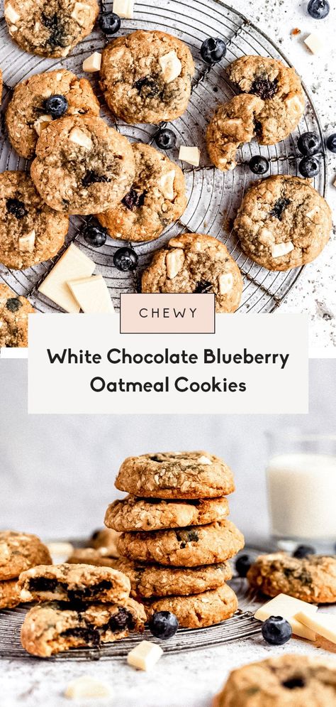 The most delicious, chewy blueberry oatmeal cookies with sweet white chocolate and coconut in every bite. These easy blueberry oatmeal cookies are made with coconut oil for double the coconut flavor and seriously taste like a fresh blueberry muffin. They're my husband's absolute favorite cookie! Fresh Blueberry Muffins, Coconut Oil Cookies, Blueberry Oatmeal Cookies, Blueberry Oatmeal Muffins, Oatmeal Coconut Cookies, Chocolate Blueberry, Chocolate And Coconut, Coconut Oatmeal, Blueberry Cookies