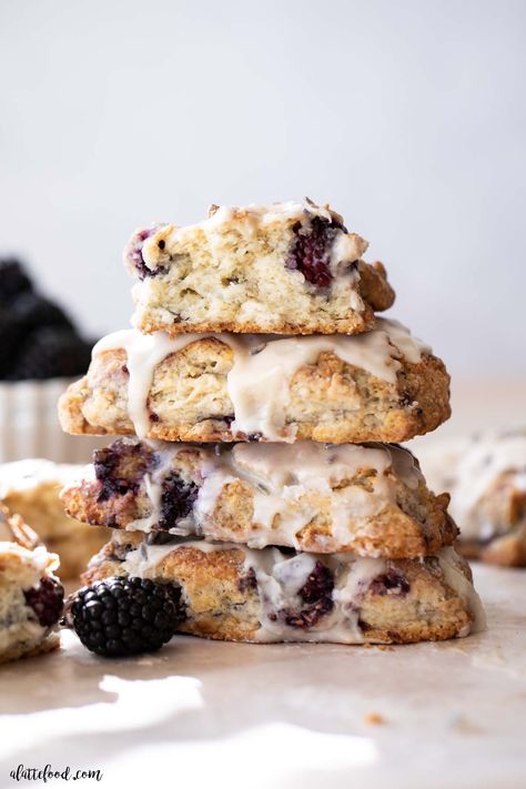 These flaky blackberry scones are made with dried lavender and fresh blackberries. These lavender scones with blackberries are topped with a vanilla glaze. Blackberry Lavender Scones, Scones Photography, Blackberry Scones, Lavender Scones, Blackberry Lavender, Berry Scones, Chocolate Scones, Blackberry Pie, Lavender Recipes