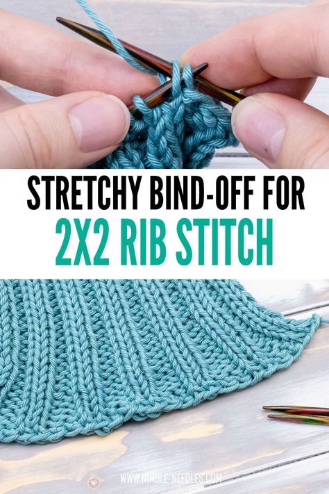 someone binding off and a swatch with a stretchy bind-off for a 2x2 rib stitch below. Stretchy Cast Off In Knitting, Cast Off Knitting How To, Stretchy Bind Off Knitting, Knitting Doodles, Nimble Needles, Knitting For Dummies, Diy Macrame Projects, Advanced Knitting Techniques, Knitting Increase