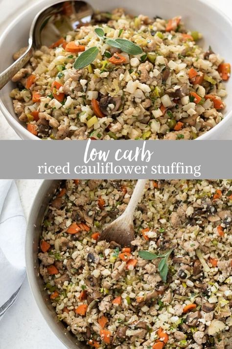 Low Carb Riced Cauliflower Stuffing is an easy keto stuffing recipe that's hearty and bursting with the flavors of traditional stuffing.  You'll never miss the bread! #lowcarb #thanksgivingrecipes #cauliflowerrice Cauliflower Stuffing, Low Carb Stuffing, Traditional Stuffing, Keto Stuffing, Low Carb Rice, Grilled Turkey Burgers, Rice Stuffing, Sausage Stuffing, Healty Dinner