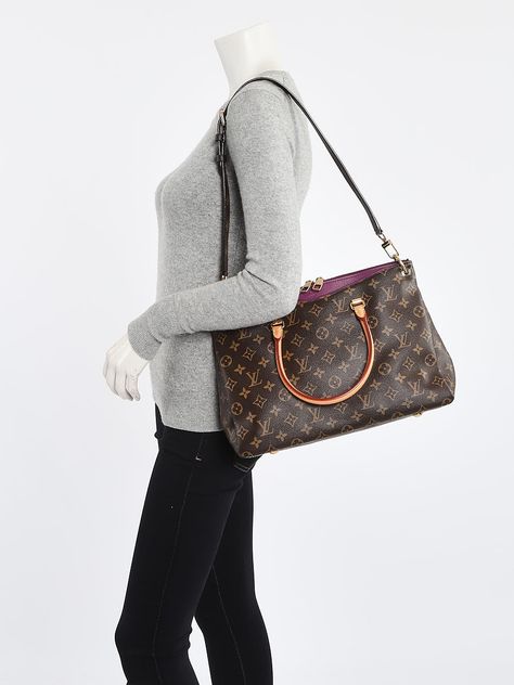 Louis Vuitton Grape Monogram Canvas Pallas Bag - Yoogi's Closet Louis Vuitton Pallas, Trademark Design, Lv Monogram, Authentic Louis Vuitton, Monogram Canvas, Leather Trims, Leather Handle, Cowhide Leather, Calf Leather