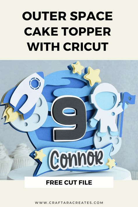 Take your creativity to the stars with an Outer Space Birthday Cake topper with Cricut. If you're planning a special birthday celebration with an "outer space" theme, this cake topper is the perfect way to bring the magic of the cosmos to your party. Grab the free cut file below and follow along as I guide you step-by-step through the process of creating a cake topper that will transport your birthday celebration to the depths of space. Outer Space Birthday Cake, Space Birthday Cake, Easy Cricut Projects, Cricut Birthday Cards, Space Banner, Cricut Gift Ideas, 3d Cake Toppers, Cricut Birthday, Cake Topper Ideas