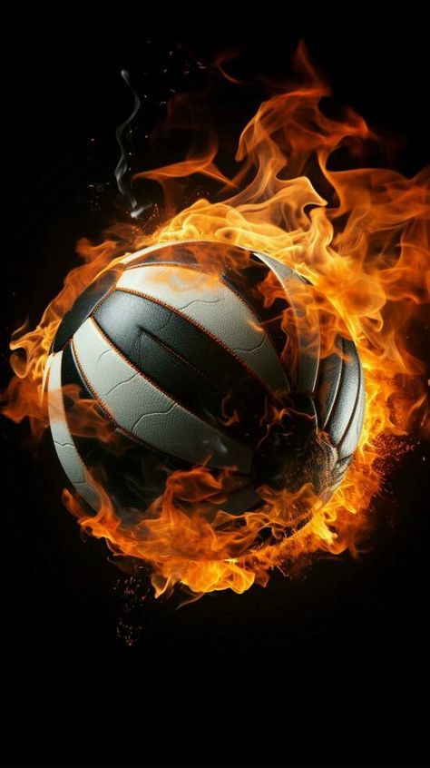 A volleyball engulfed in flames stands out against a black background Vertical Mobile Wallpaper AI Generated Volleyball Backgrounds, Volleyball Wallpaper, Volleyball Photos, Volleyball Pictures, In Flames, Tree Saw, Cityscape Photos, Nature Backgrounds, Heart With Arrow