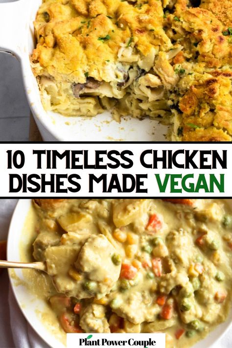 Two overhead photos of chicken stews with text reading: 10 classic chicken dishes made vegan Vegan Chicken Divan, Vegan Smothered Chicken, Vegan Chicken Noodle Casserole, Vegan Lazy Recipes, Vegan Casserole Recipes Plant Based, Vegan Chicken Casserole, Vegan Family Dinner Recipes, Vegan Rice Casserole Recipes, Bosh Vegan Recipes