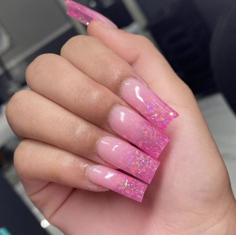 Long Nail Designs Pink Glitter, All Pink Glitter Nails, Pink Glitter Coffin Acrylic Nails, Pretty Pink Nails Acrylic Glitter, Barbie Ombre Nails, Pink Euphoria Nails, Hot Pink Glitter Acrylic Nails, Chunky Pink Glitter Nails, Pink Acrylic Nails Designs Glitter