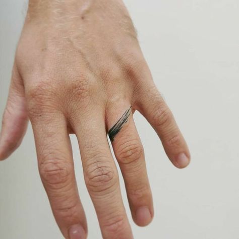 Minimalist Wedding Band Tattoo, Faded Finger Tattoos For Women, Unique Ring Finger Tattoo, Unique Ring Tattoos, Elegant Ring Tattoo, Mens Tattoo Ring Wedding Bands, Man Ring Tattoo, Fine Line Ring Tattoo, Ring Tattoo Designs For Man