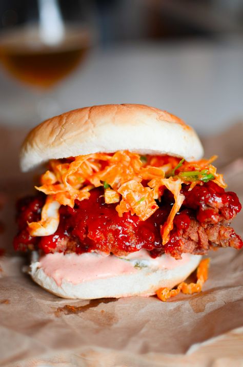 Korean Fried Chicken Sandwiches - Gochujang honey glazed fried chicken with a kimchi slaw! Gochujang Chicken Sandwich, Korean Fried Chicken Burger, Gochujang Fried Chicken, Honey Glazed Fried Chicken, Korean Chicken Sandwich, Kimchi Sandwich, Glazed Fried Chicken, Fried Sandwiches, Korean Burger