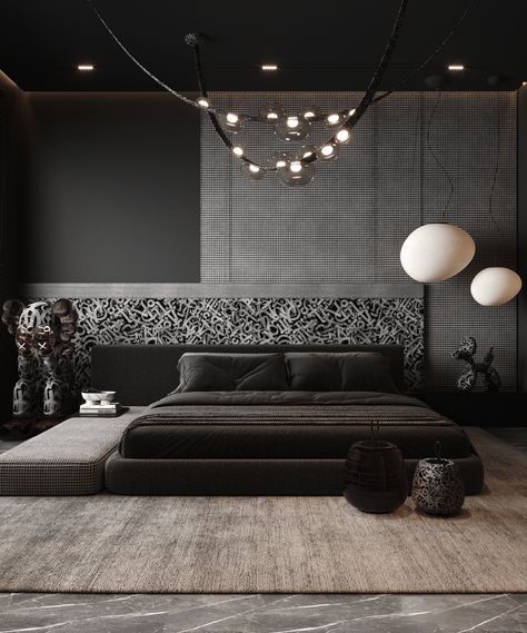 MASTER BEDROOM :: Behance Masculine Luxury Bedroom, Tv Partition Wall Interior Design, Dark Master Bedrooms Decor, Hotel Room Design Luxury, Luxurious Bedrooms Master Modern, Dark Bedroom Design, Luxurious Bedrooms Master, Lavish Bedroom, Dark Modern Bedroom