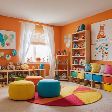 ⚠️LINK IN BIO⚠️ A vibrant children’s playroom filled with colorful decor, inventive storage options, and a playful theme to inspire creativity. #Playroom #Colorful #CreativeStorage #PlayfulTheme #Children Groovy Playroom, Red Playroom, Playroom Colorful, Fun Playroom Ideas, Bright Playroom, Indoor Playroom, Colorful Playroom, Baby Playroom, Family Day Care