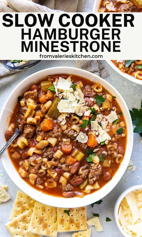 This Slow Cooker Hamburger Minestrone is loaded with fresh vegetables, ground beef, and pasta. This hearty, comforting soup is a meal in itself. Slice a loaf of crusty bread, pour a glass of wine, and dinner is served! Soup Recipes With Ground Beef Slow Cooker, Ground Beef Minestrone Soup, Slow Cooker Ground Beef Soup, Minestrone Soup With Ground Beef, Hamburger Minestrone Soup, Slovenian Desserts, Beef Soup Crockpot, Beef Minestrone Soup, Slow Cooker Hamburger Soup