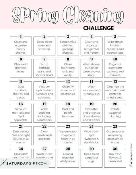 30-day spring cleaning challenge - free printable checklist pink | SaturdayGift Spring Cleaning Checklist Declutter, Clean Tv Screen, Clean Bathroom Sink, Spring Cleaning Checklist Printable, Miracle Cleaner, Home Maintenance Schedule, Room Cleaning Tips, Spring Cleaning Challenge, Cleaning Inspiration