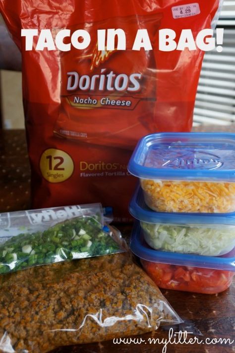 Taco Salad In A Bag! – Perfect for camping and kids minus the chips which are not GF. Salad In A Bag, Taco In A Bag, Foil Dinners, Camping Desserts, Camping Snacks, Camping 101, Campfire Food, Festival Camping, Campfire Cooking