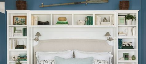 Headboard With Storage Ideas, Bed Headboard With Storage, Diy Storage Headboard, Headboard With Storage, Diy Bed Headboard, Unique Bookshelves, Bookshelf Headboard, Bedroom Wall Units, Bedroom Storage Cabinets