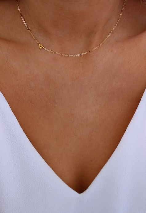 Sideways Initial Necklace Dainty Initial Necklace | Etsy Dainty Jewelry Gold, Letter Necklace Initials, Initial Necklace Silver, Sideways Initial Necklace, Dainty Gold Jewelry, Dainty Initial Necklace, Gold Letter Necklace, Gold Letter, Initial Necklace Gold