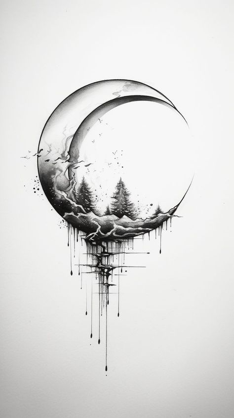 Black And White Hourglass Tattoo, Moonscape Tattoo, Celestial Half Sleeve Tattoo, Light And Dark Tattoo Ideas, Moon Tattoo Designs Men, Space And Time Tattoo, Moon Celestial Tattoo, Black And White Tatoos, Moon And Tree Tattoo