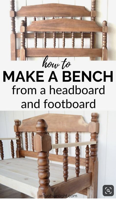 Bench Made From Bed Frame, Bench From Headboard And Footboard Old Bed Frames, Twin Bed Bench Diy, Repurposed Bed Frames Wood, Bench Made From Headboard And Footboard, Bench Made From Headboard, Upcycled Bed Frame, Bench From Headboard And Footboard, Repurposed Headboard Ideas Diy