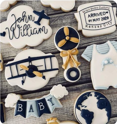 Transportation Baby Shower Theme, Airplane Baby Shower Cookies, Plane Cookies Decorated, Airplane Sugar Cookies, Airplane Baby Shower Cake, Plane Cookies, Adventure Baby Shower Theme, Airplane Baby Shower Theme, Airplane Birthday Party Decorations