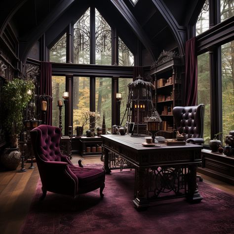 Dark Academia Architecture Exterior, Dark Academia Space, Whimsigoth Design, Modern Gothic Home, Gothic Office, Goth Houses, Craftsman Interior, British Home, Dark House