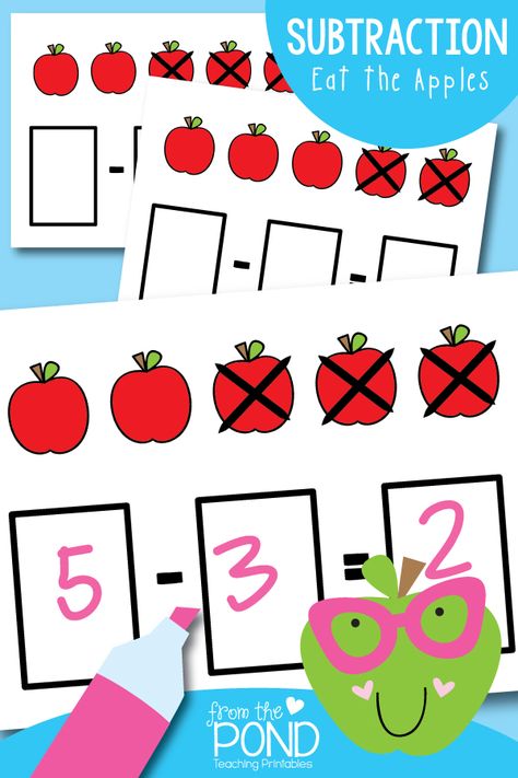 Subtraction Activity Cards Apple Math Centers, Subtraction Centers, Free Math Centers, Subtraction Activity, Apple Kindergarten, Apple Math, Subtraction Kindergarten, Teaching Printables, Subtraction Activities