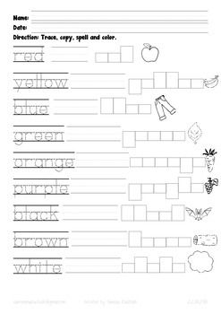 Color spelling practice worksheet for three different kindergarten three literacy levels Colors Worksheet, Spelling Practice Worksheets, Color Worksheets For Preschool, Preschool Phonics, Hello Teacher, Holiday Homework, Family Worksheet, Spelling Practice, Spelling Worksheets