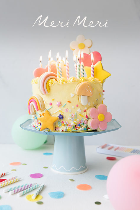 Colorful birthday cake decorated with flower, mushroom, heart and star sugar cookies and sprinkles. Cute Sugar Cookies, Rainbow Birthday Cake, Girl Birthday Themes, Balloon Cake, Baby Birthday Cakes, Meri Meri, Rainbow Sprinkles, Colorful Cakes, Diy Cake