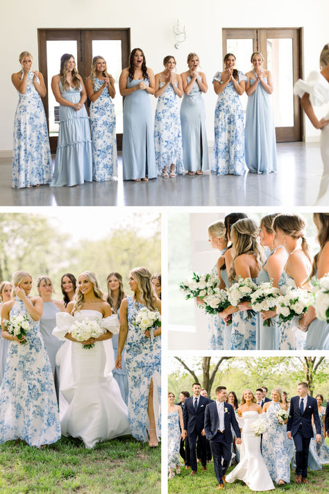 Mismatched bridesmaid dresses are trending and this trend is so good, it’s not going anywhere. We’re seeing varied colors, patterns and styles and there’s really no limit to the possibilities. We’re sharing an eight person mismatched bridesmaid dress recipe – a ‘drecipe’ if you will. If you’re thinking blue for your wedding party, you’ll want to save this blue bridesmaid inspiration.   Photos @marykeenphotography Bridesmaid Outdoor Wedding, Mix And Match Bridesmaid Dresses Blue Floral Prints, Bridesmaid Dresses For Outdoor Wedding, Blue Printed Bridesmaid Dresses, Blue Mix Bridesmaid Dresses, Dusty Blue Mix And Match Bridesmaids, Chinoiserie Bridesmaid Dress, Sage And Blue Bridesmaid Dresses, Mismatched Color Bridesmaid Dresses