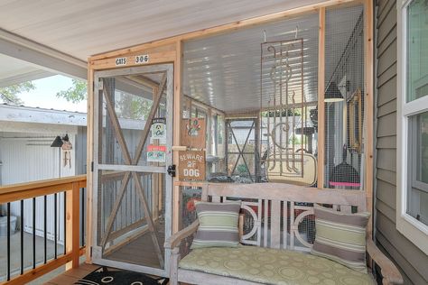 Calling all cat lovers! Here's our custom-built Catio -- “Cat” and “Patio,” which is an enclosed outdoor screened-in porch for cats. Screened In Porch For Cats, Catio Ideas, Outdoor Pet Enclosure, Cat Climbing Wall, Cat Area, Box Room, Cat Patio, National Cat Day, Cat Sanctuary